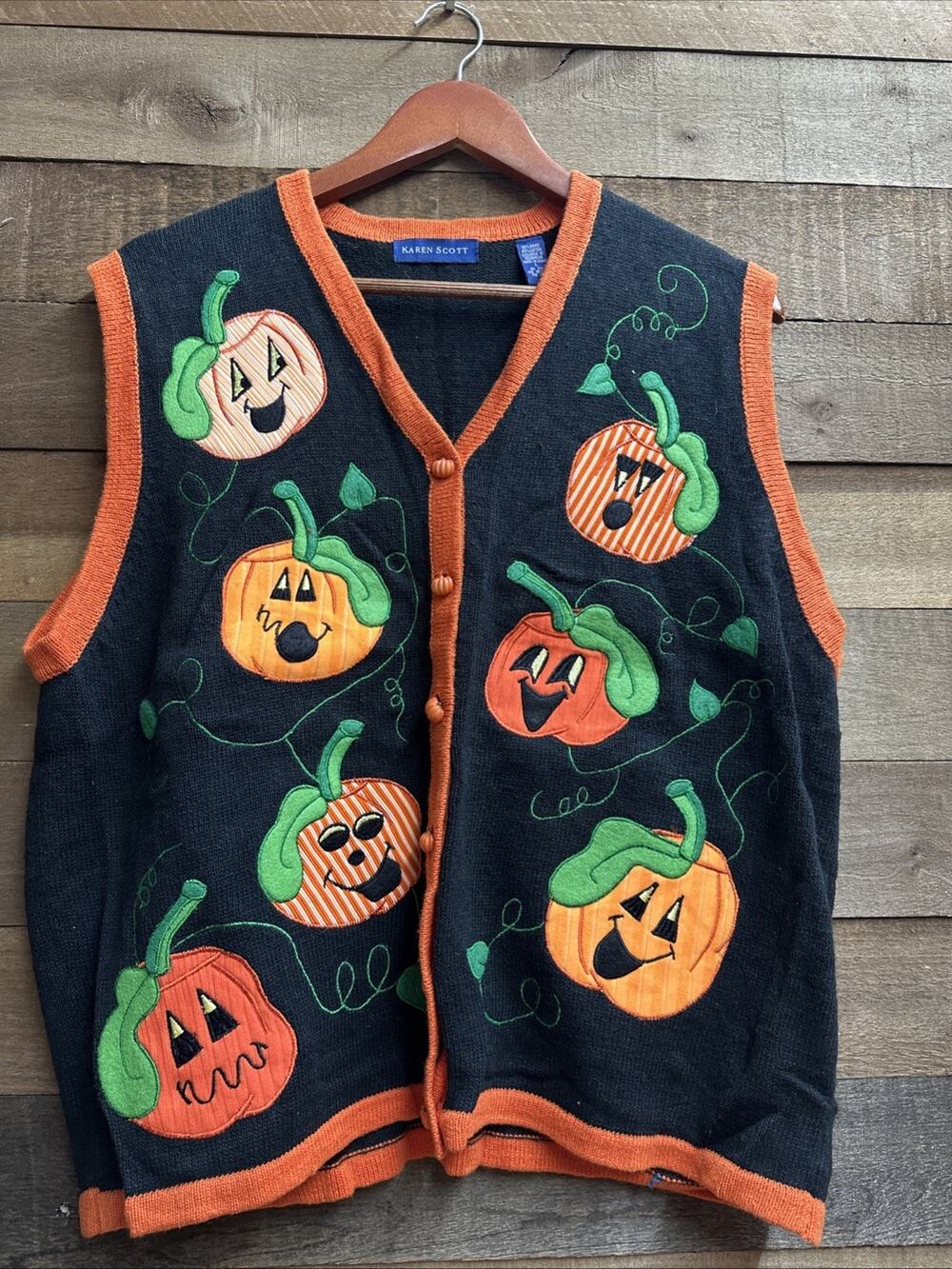 Karen Scott Womens Halloween Pumpkin Sweater Vest Black Orange Pumpkin Buttons L